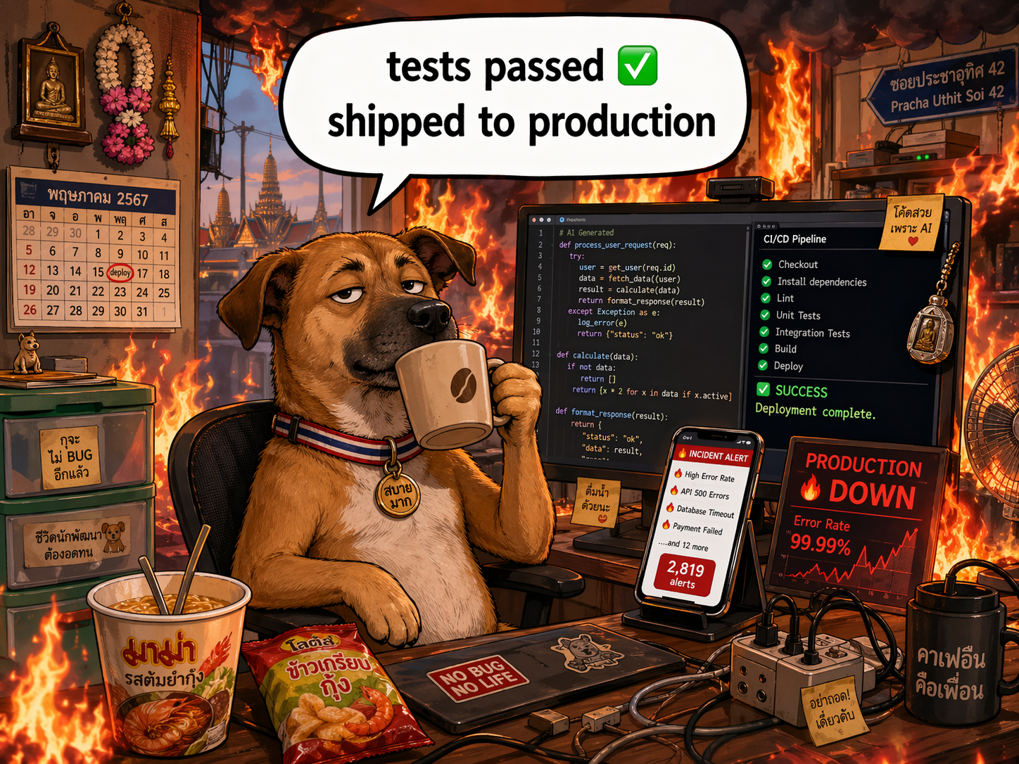 Tests ผ่านหมด deploy ขึ้น production แล้วไฟไหม้ คืออาการคลาสสิกของโค้ด AI ที่ดูเหมือนเสร็จ แต่ยังขาด 30% สุดท้ายที่ทำให้ระบบอยู่รอดบน production ได้จริง