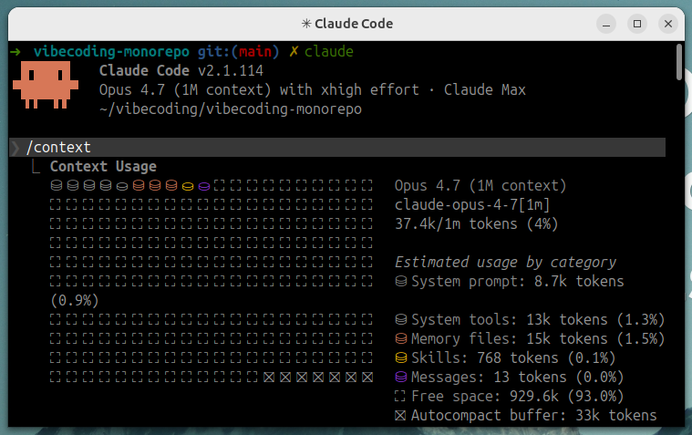 Claude Code ทำงานอยู่บน terminal ของจริง ที่นี่รันอยู่บน Opus 4.7 ซึ่งรองรับ context ได้ถึง 1 ล้าน tokens ทำงานร่วมกับ git, tmux และ workflow เดิมได้ทันทีโดยไม่ต้องเปลี่ยน editor