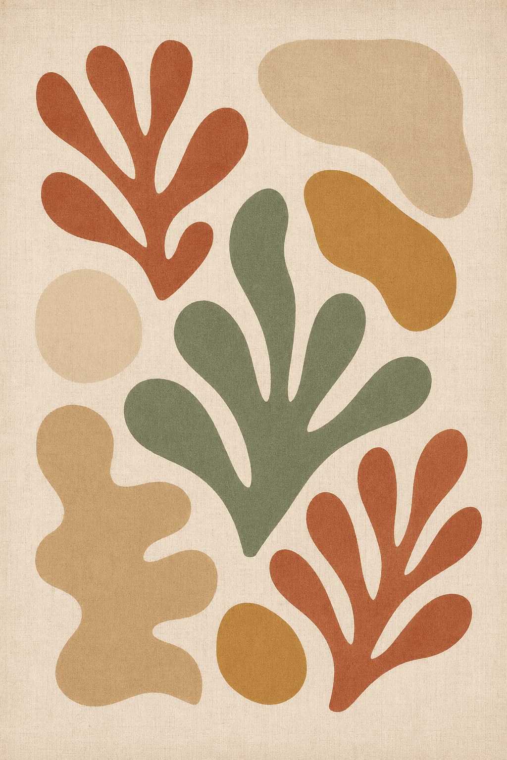 ตัวอย่างผลลัพธ์ของพรอมต์ สร้างภาพ Abstract Organic Shapes โทน Earth Tone สไตล์ Matisse สำหรับติดผนัง Modern