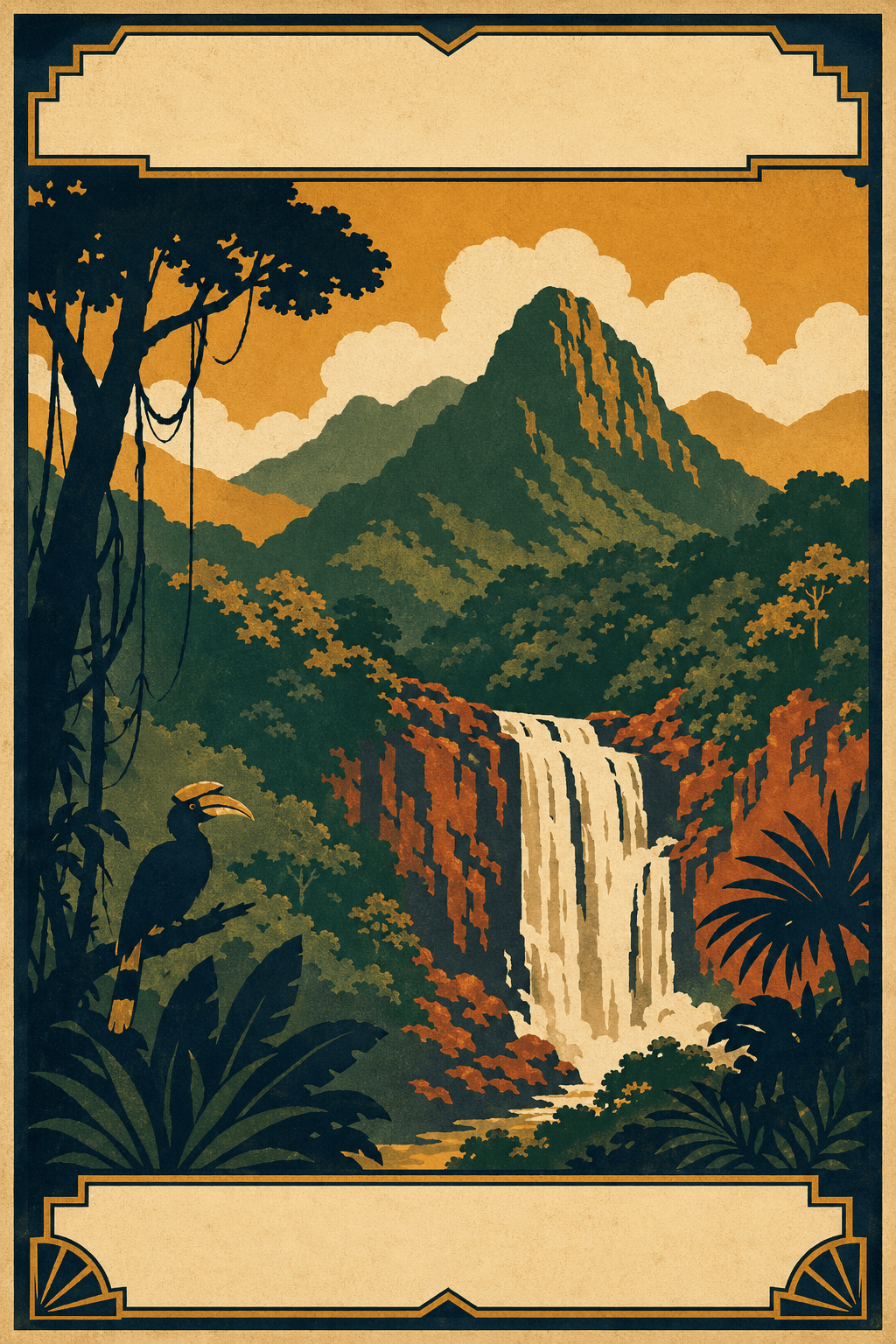 ตัวอย่างผลลัพธ์ของพรอมต์ สร้างโปสเตอร์อุทยานแห่งชาติสไตล์วินเทจ Retro Flat Color Block