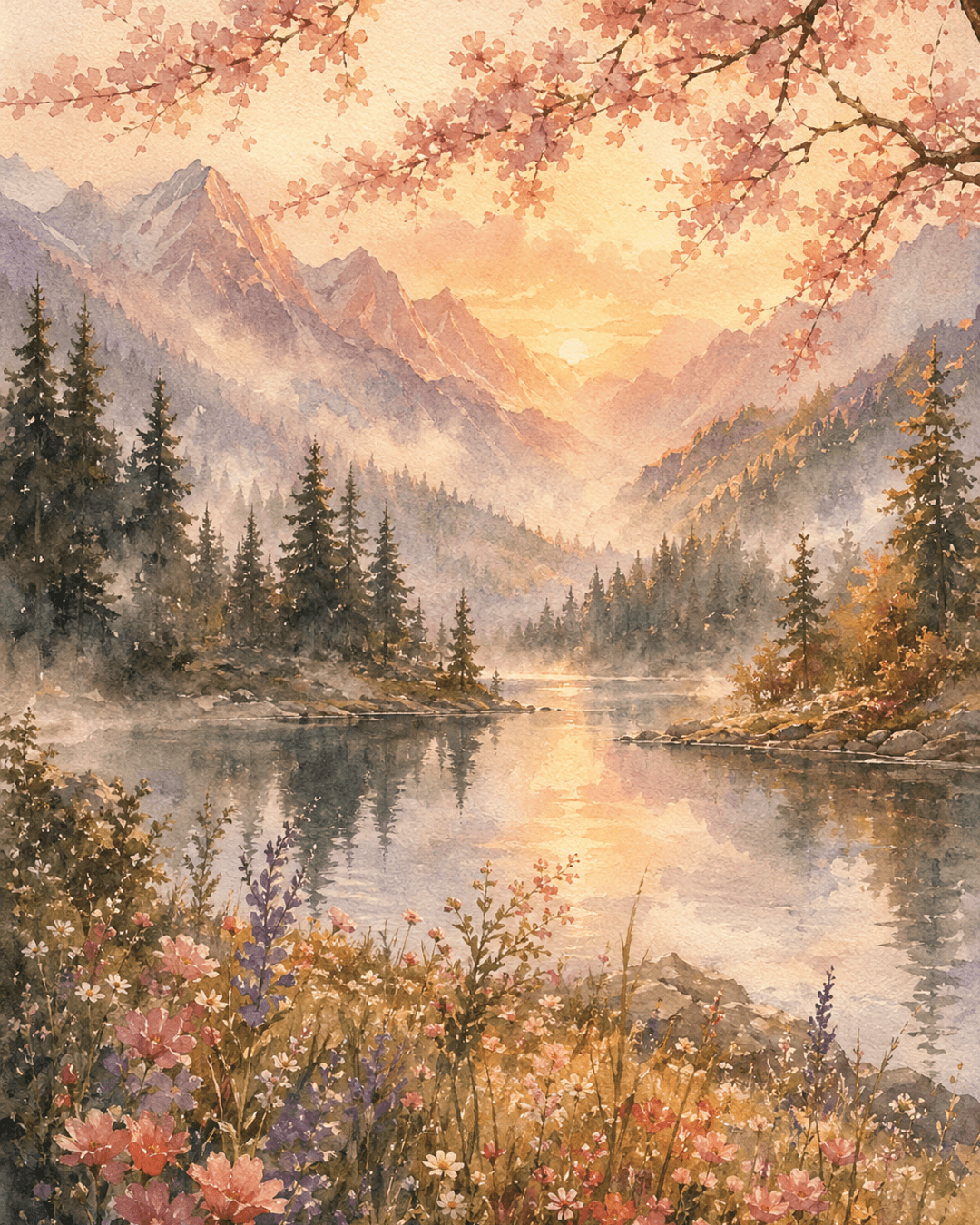 ตัวอย่างผลลัพธ์ของพรอมต์ สร้างภาพ Watercolor ธรรมชาติสไตล์อบอุ่น สำหรับพิมพ์ติดผนัง